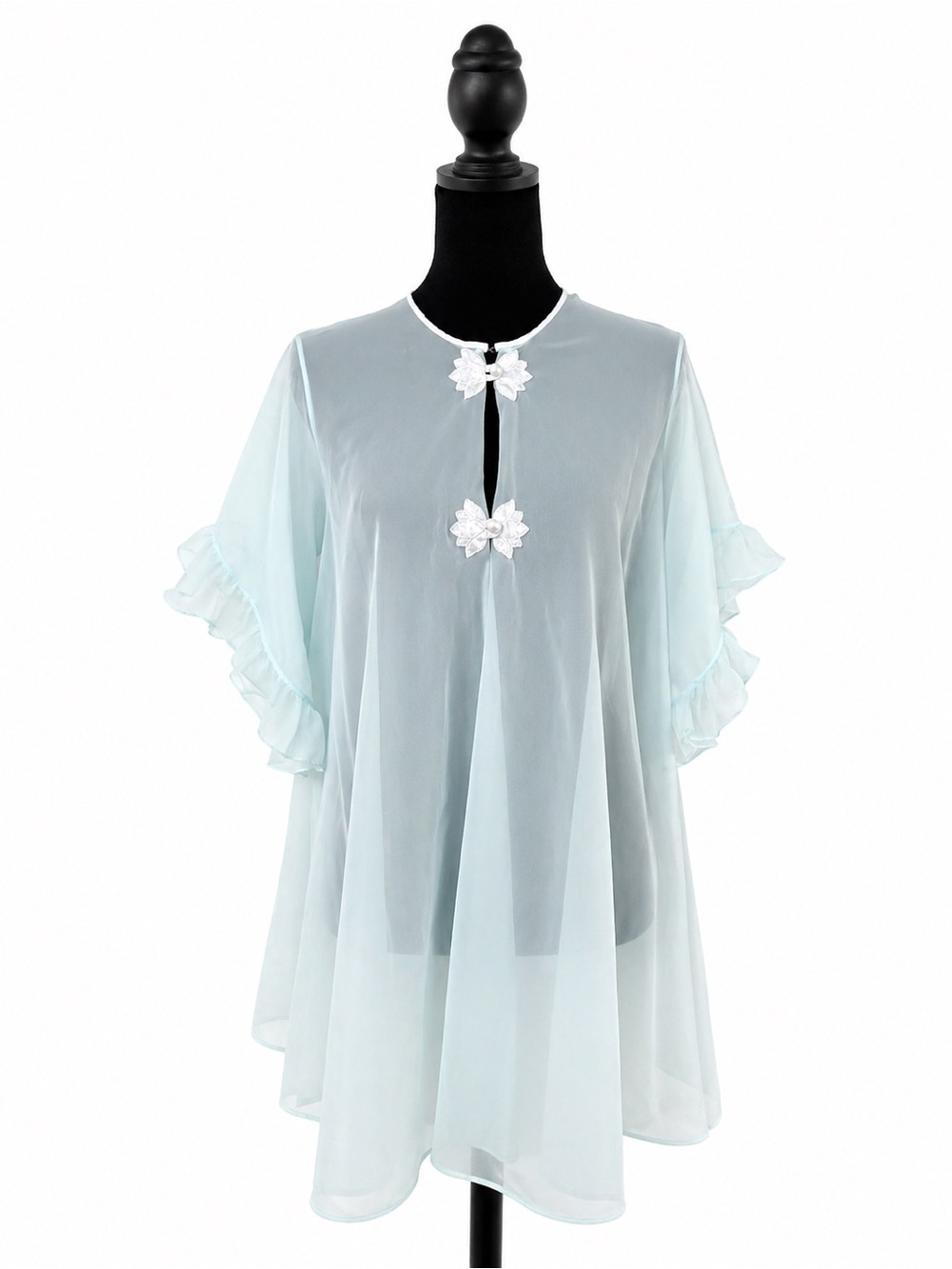 Vintage Sheer Chiffon Bed Jacket Pastel Blue Ruffle Sleeve Size S